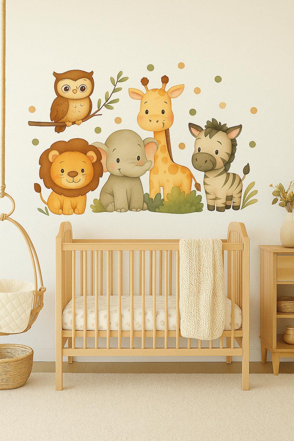 A nursery with a wooden crib and a large safari-themed wall decal featuring a lion, elephant, giraffe, zebra, and owl.