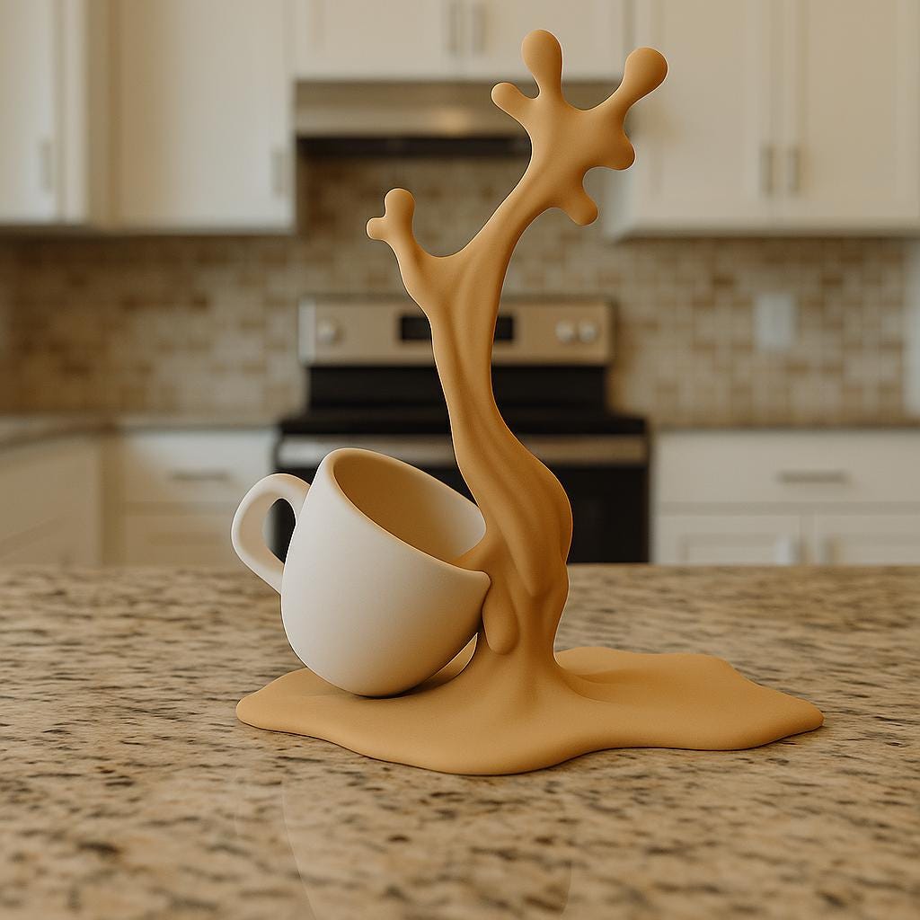 3D printed spilled coffee cup sculpture with a suspended cup and wide coffee-effect base.