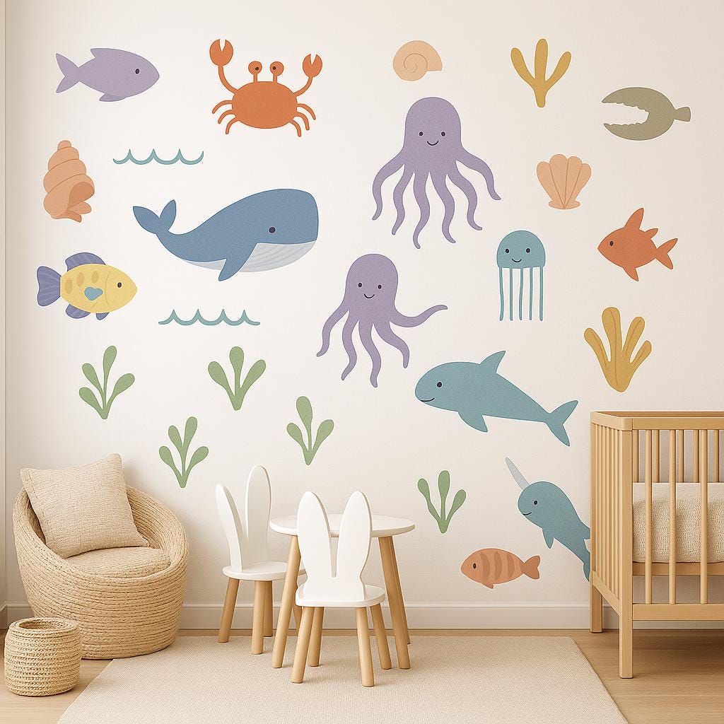 A nursery room wall decorated with colorful ocean-themed decals including whales, octopuses, fish, jellyfish, coral.
