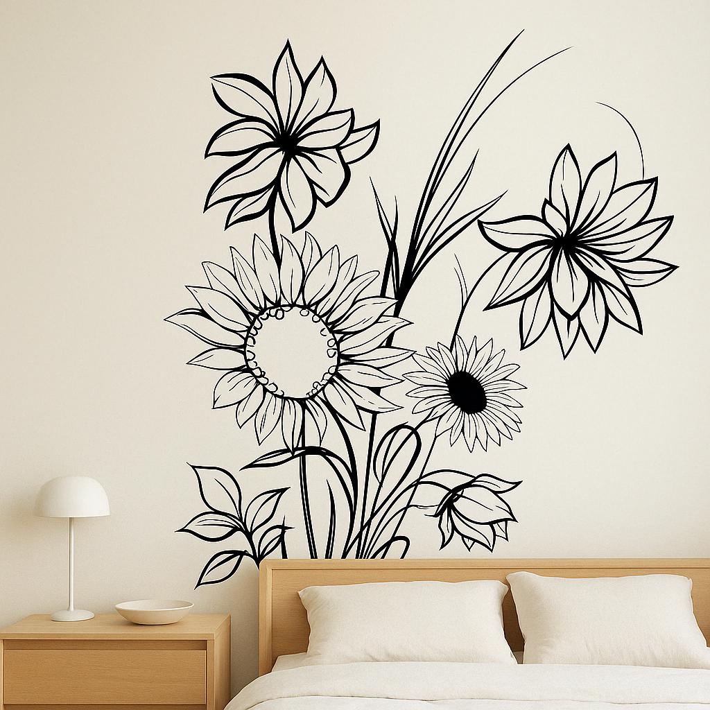 Sunflower wall decal featuring hand-drawn floral line art.