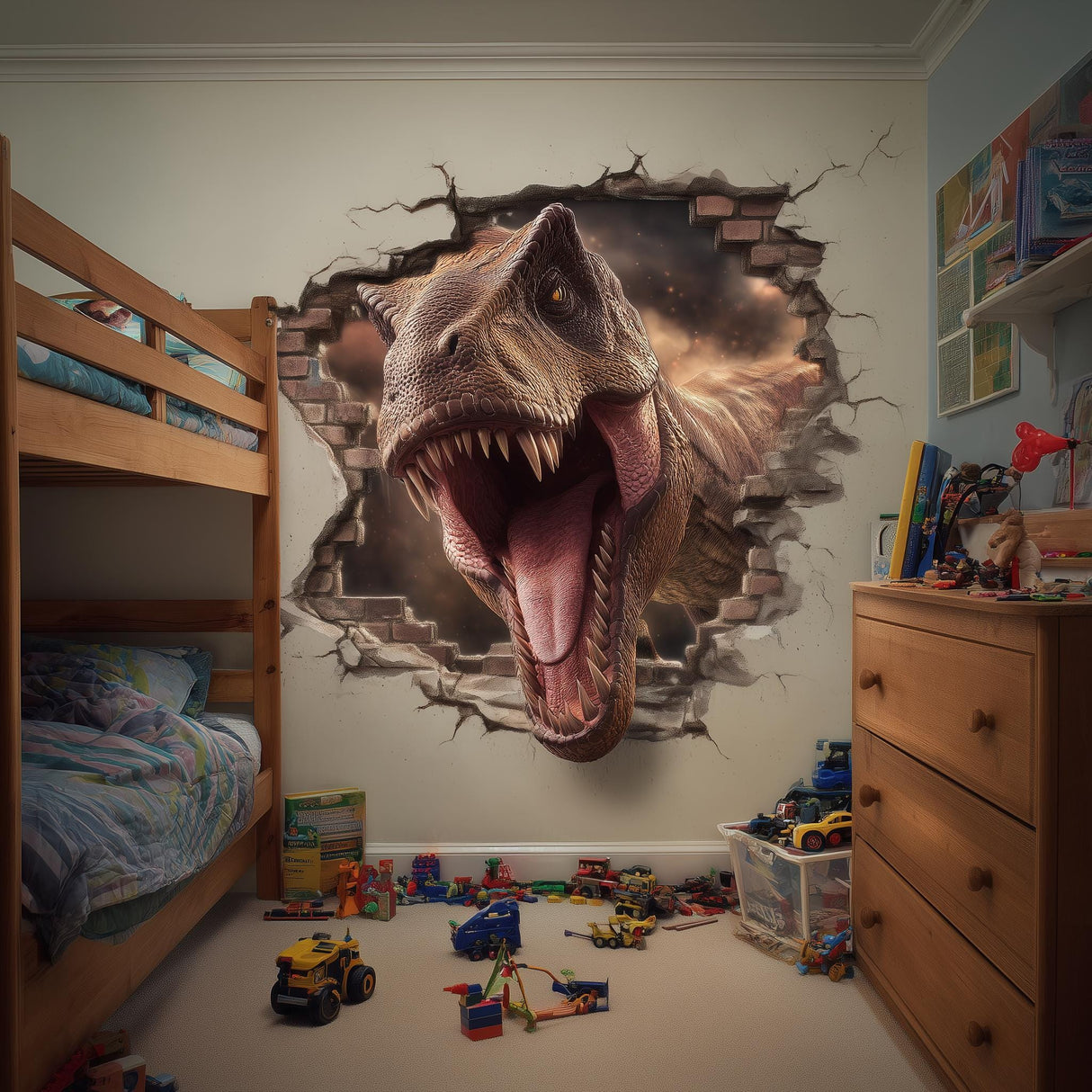 A hyper-realistic wall decal of a roaring T-Rex appearing to smash through a brick wall in a child's bedroom.