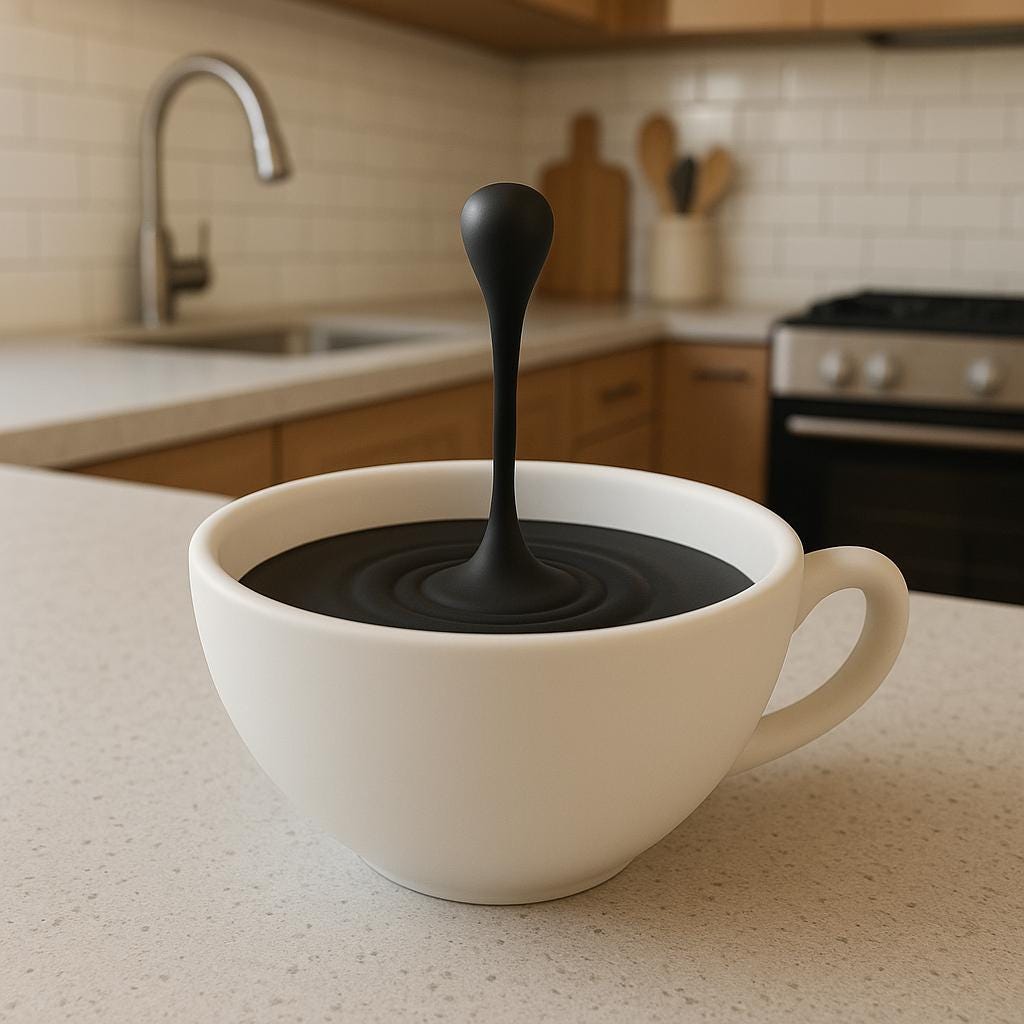 Compact 3D printed floating coffee-drop illusion with a suspended droplet above a small cup.