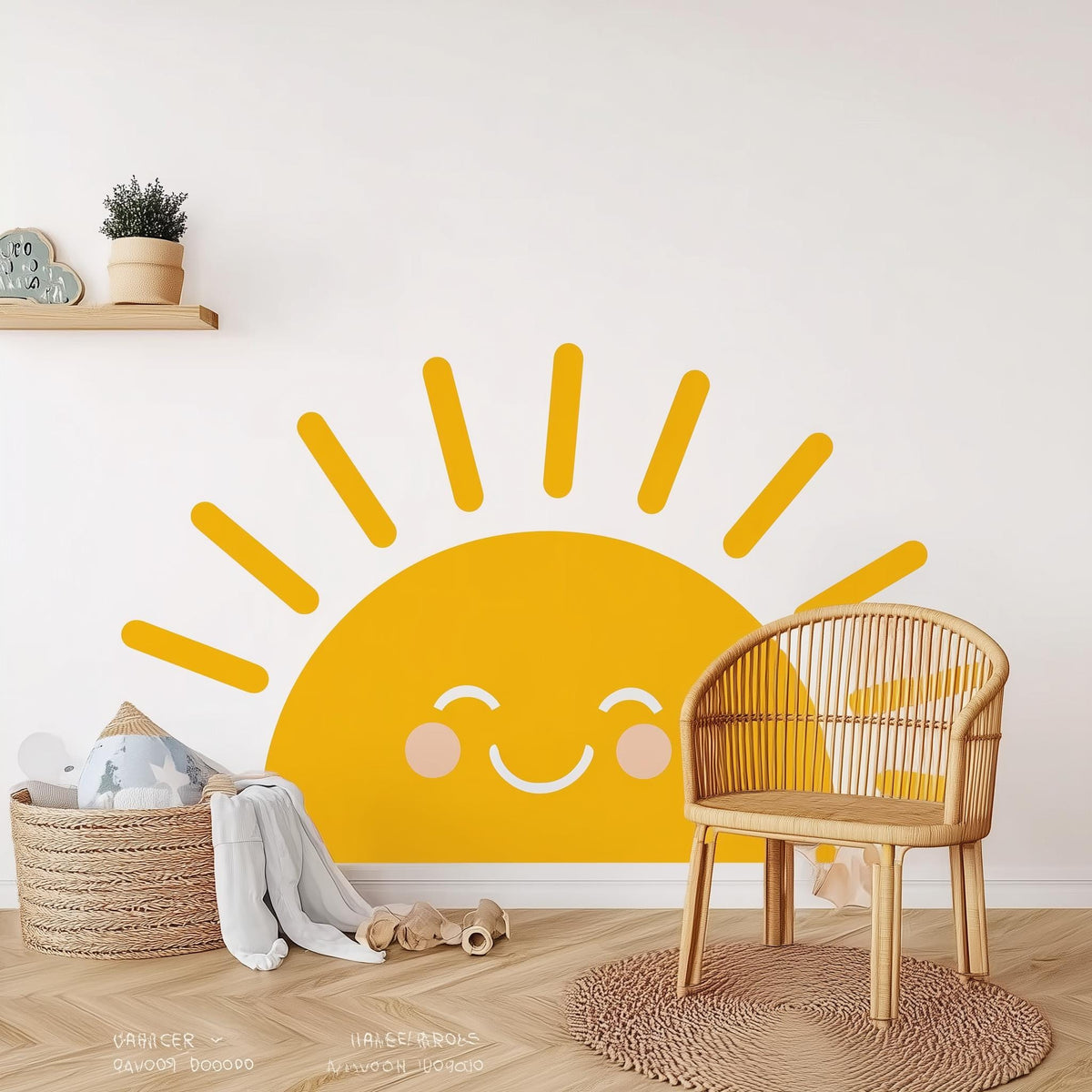 Smiling sun wall decal in a nursery, bright yellow with cheerful facial features.