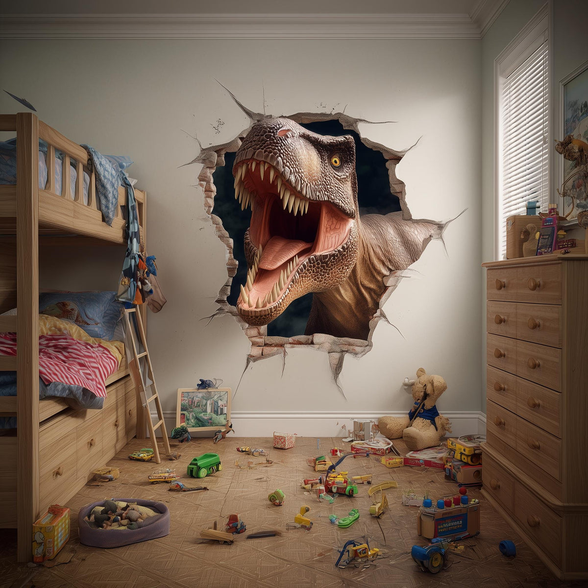 T-Rex 3D Wall Decal for Kids Room displayed in a room setting.