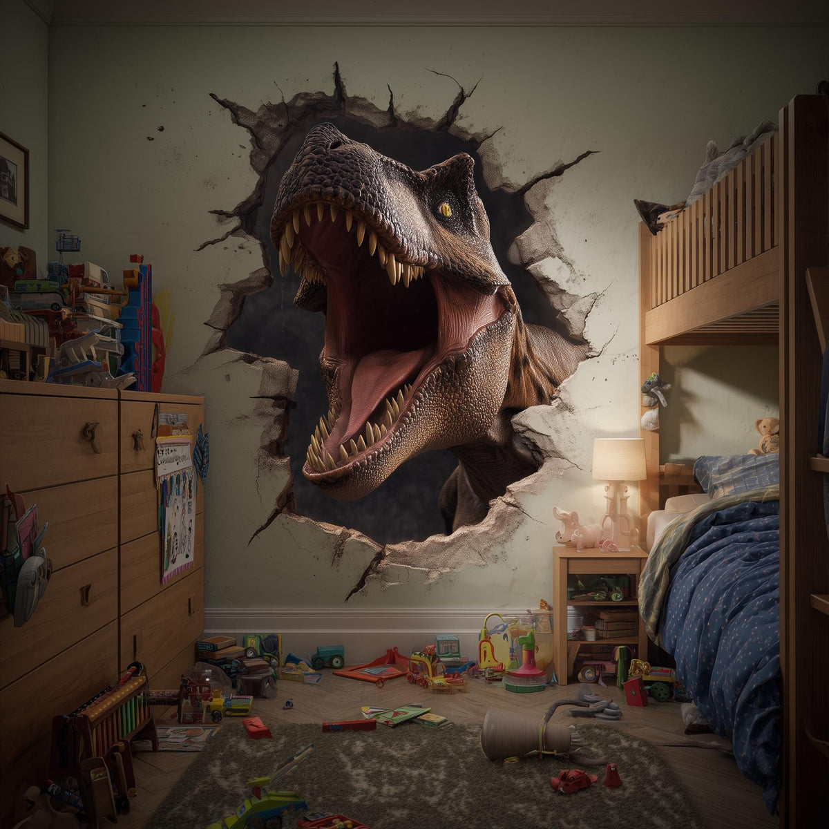 3D T-Rex wall decal bursting through a child's room wall.