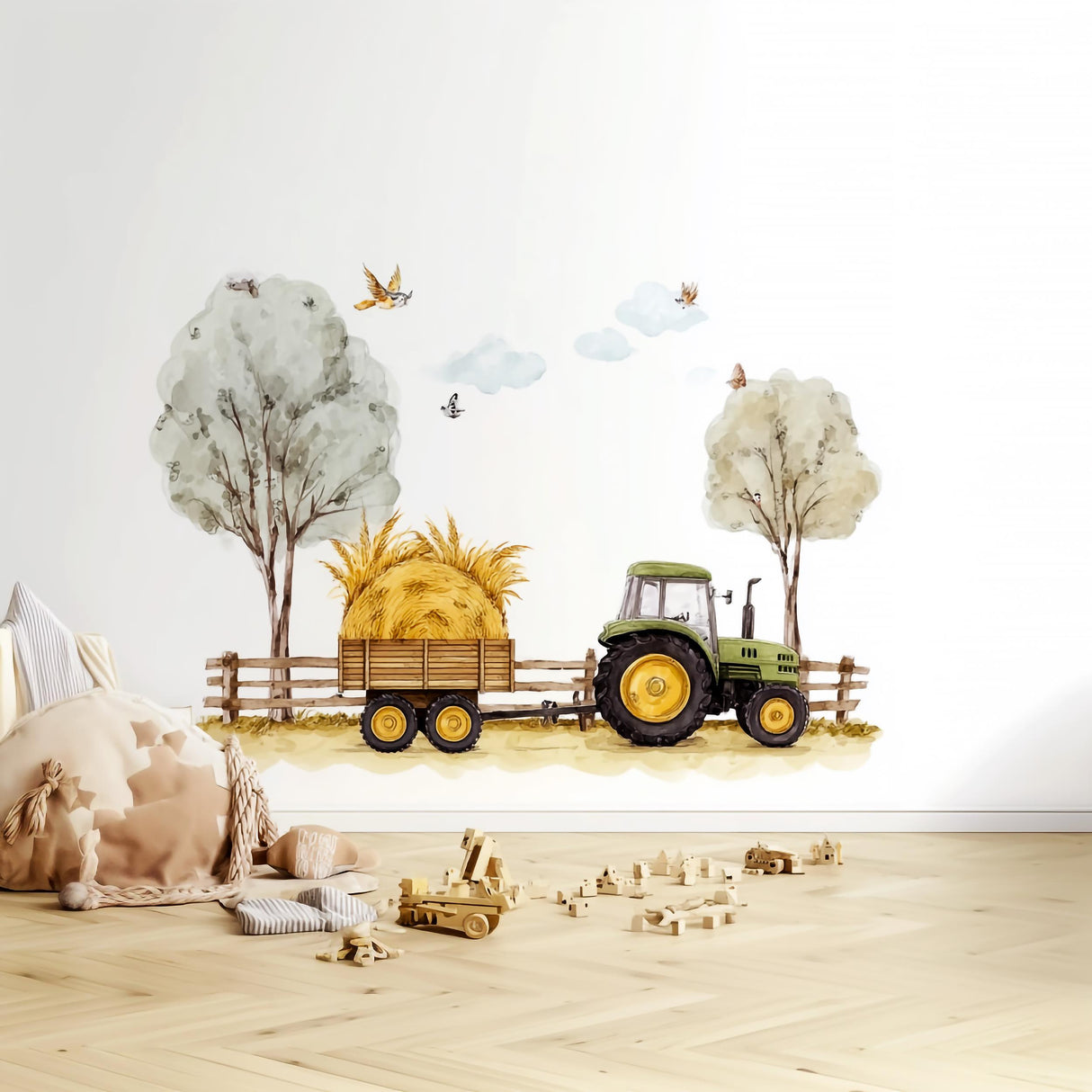 Product gallery view of Farm Tractor Wall Decal with Hay Bale Trailer.