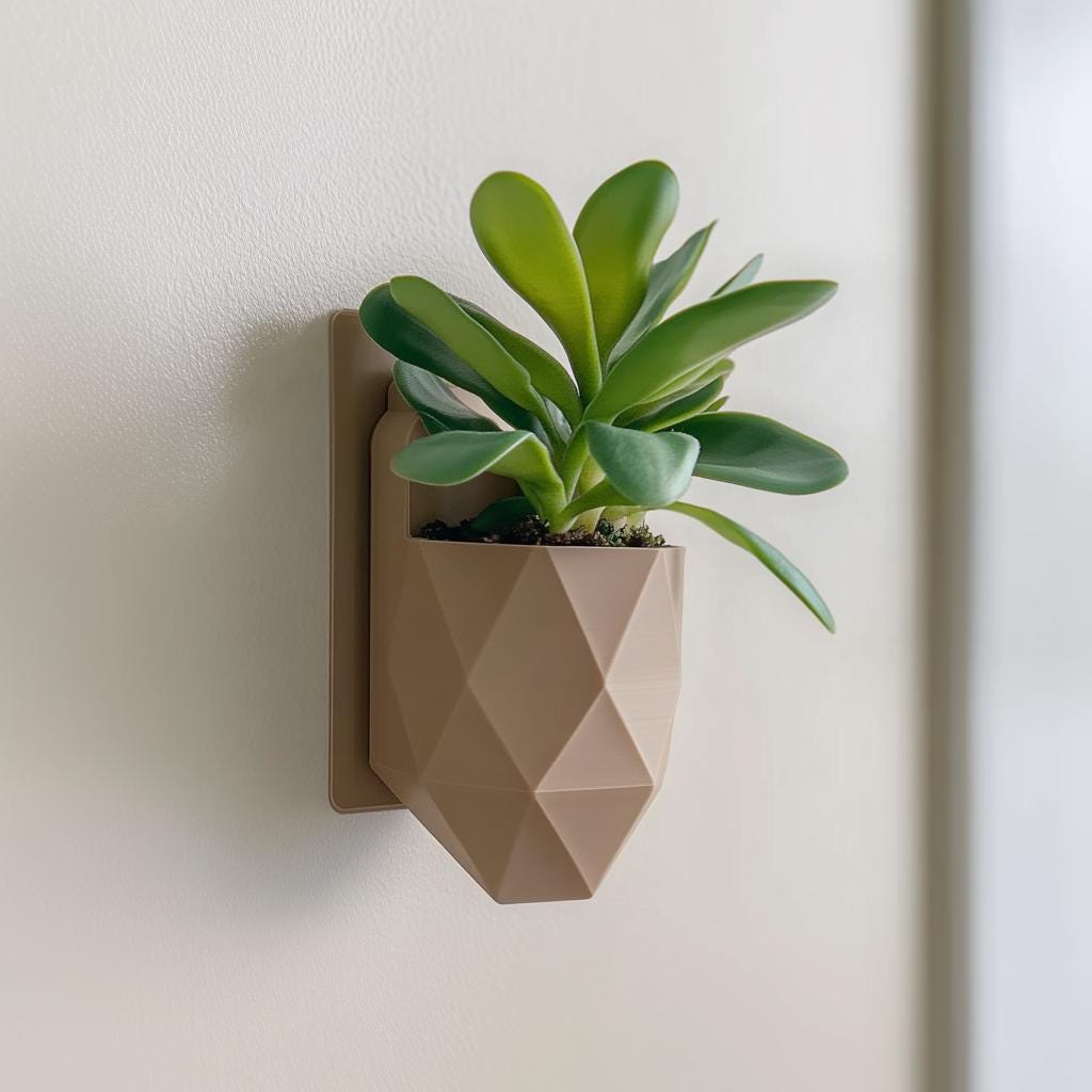 Product detail view of 3D Printed Geometric Wall Planter.