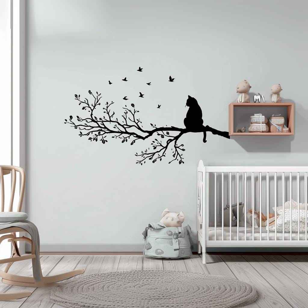 Alternate product view of Cat on Tree Branch Wall Decal.