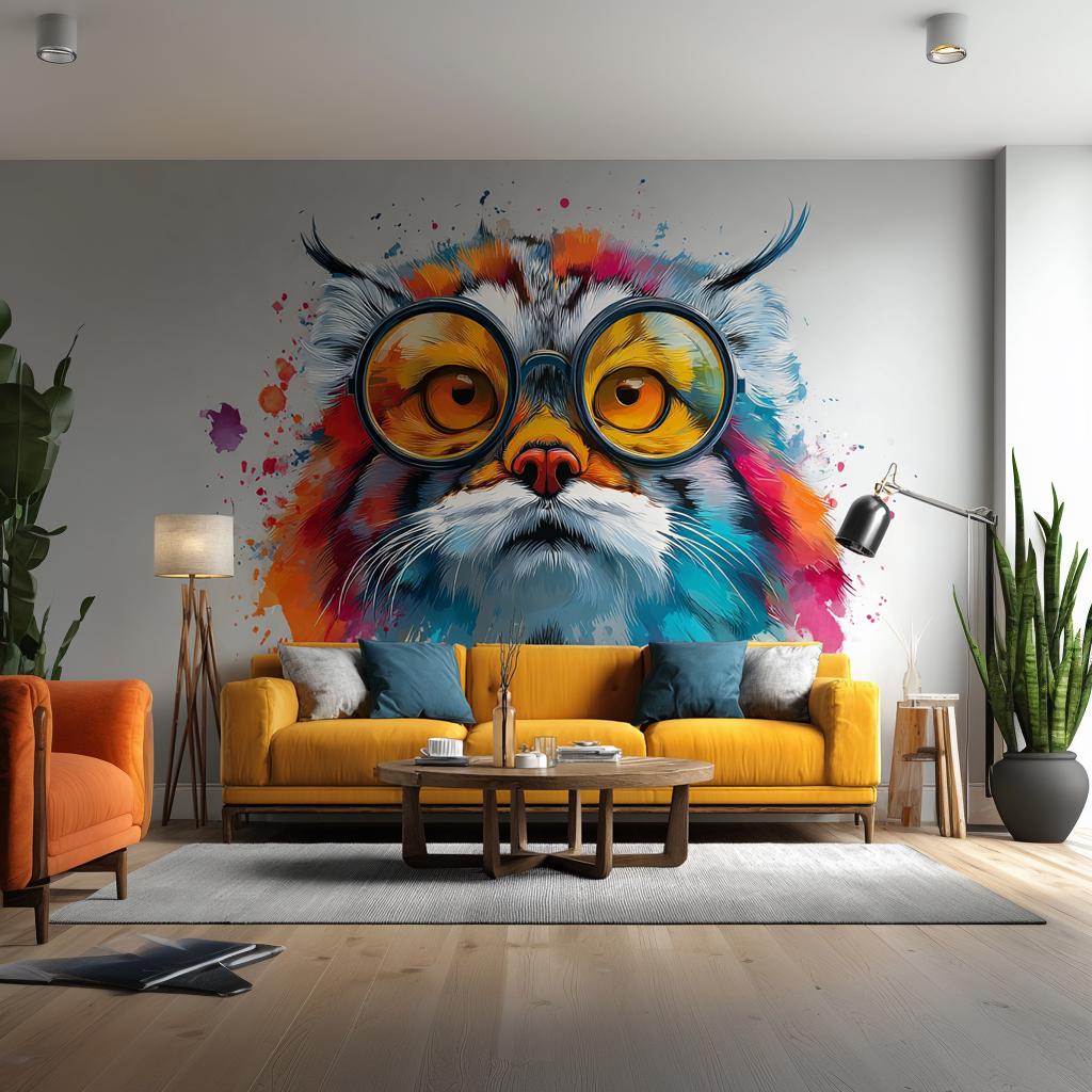 Wall decal of a Pallas’s cat (manul) wearing round sunglasses with vibrant orange lenses.