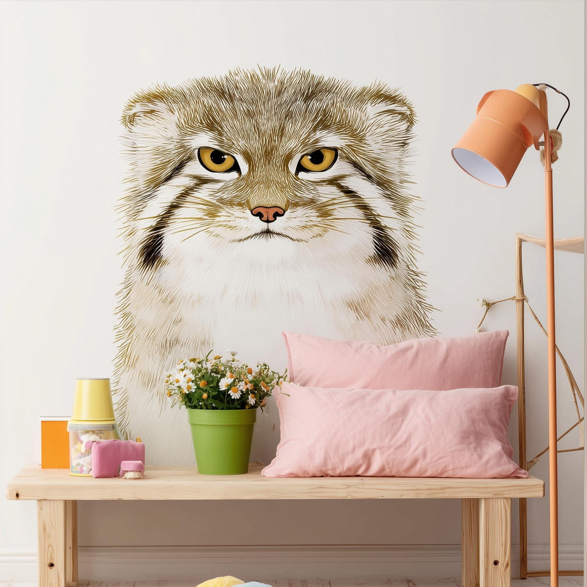 Illustrated vinyl wall decal of a Pallas’s cat with golden eyes and soft fur details.