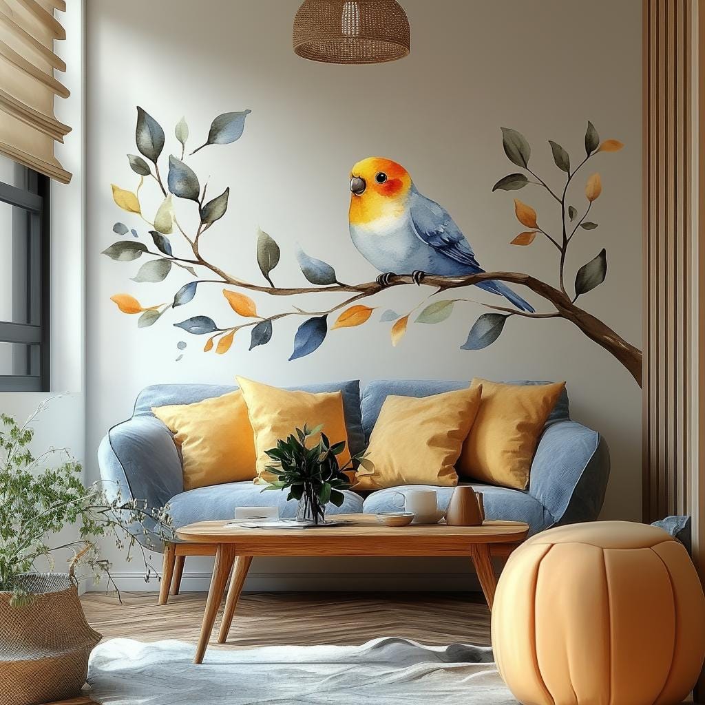 Vinyl wall decal of a soft watercolor-style bird sitting on a leafy branch.