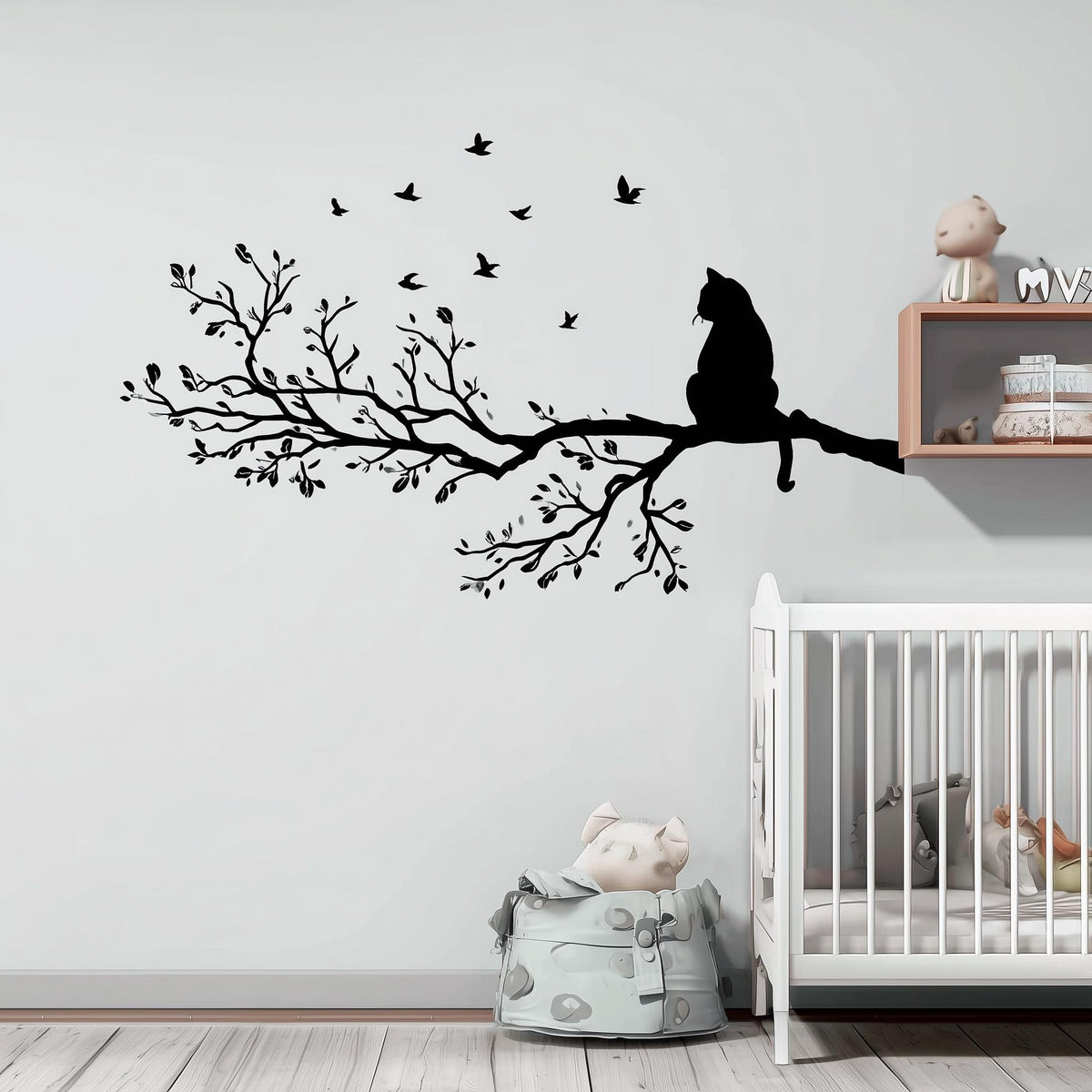 Vinyl wall decal of a cat sitting on a detailed tree branch with flying birds.