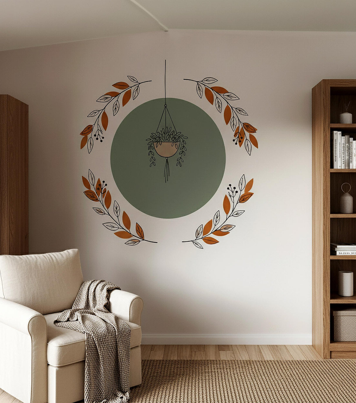 Vinyl wall decal featuring a hanging plant centered over a green circle, framed by terracotta and beige botanical branches.