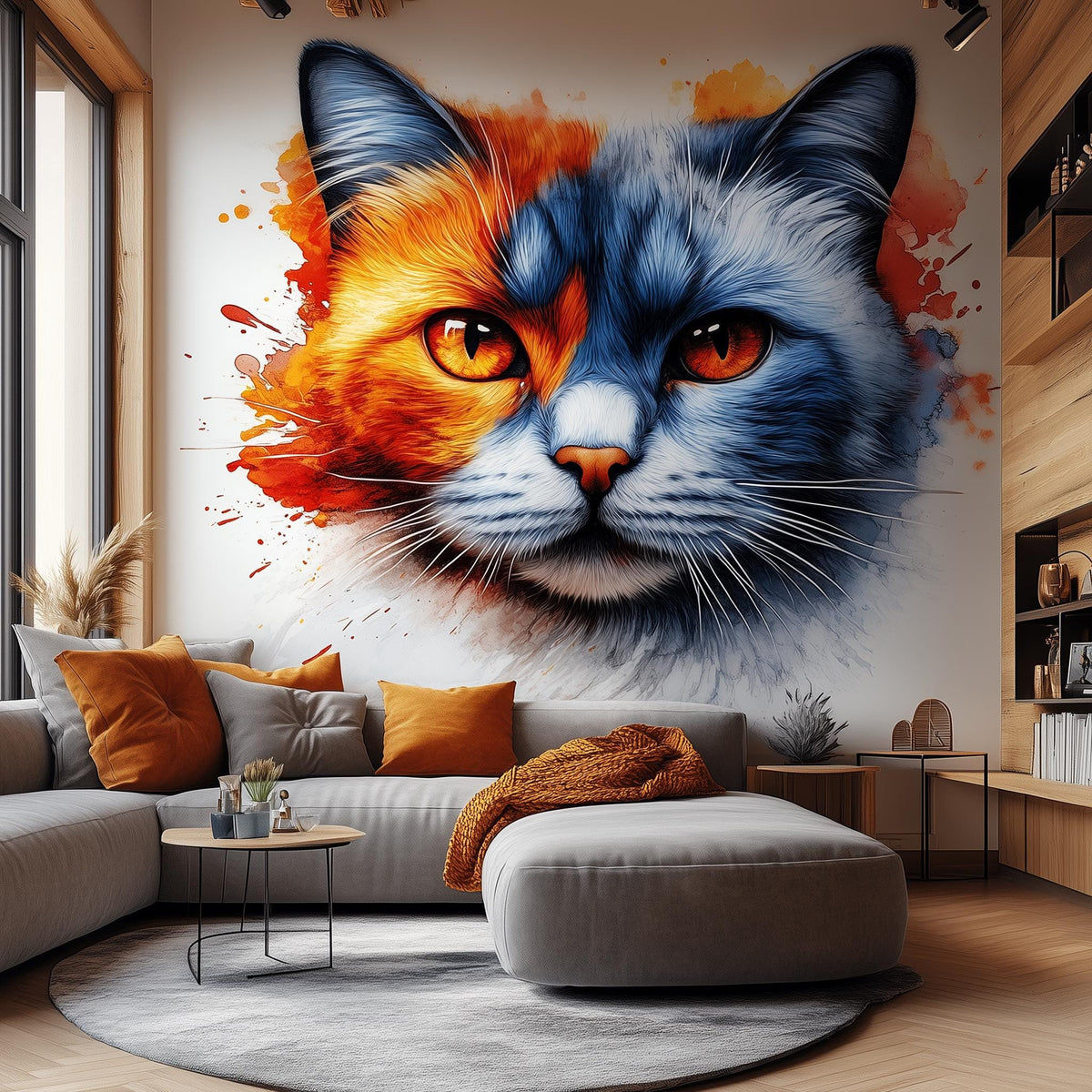 Vinyl wall decal of a cat face with one half painted in vibrant orange and the other in deep blue watercolor style.