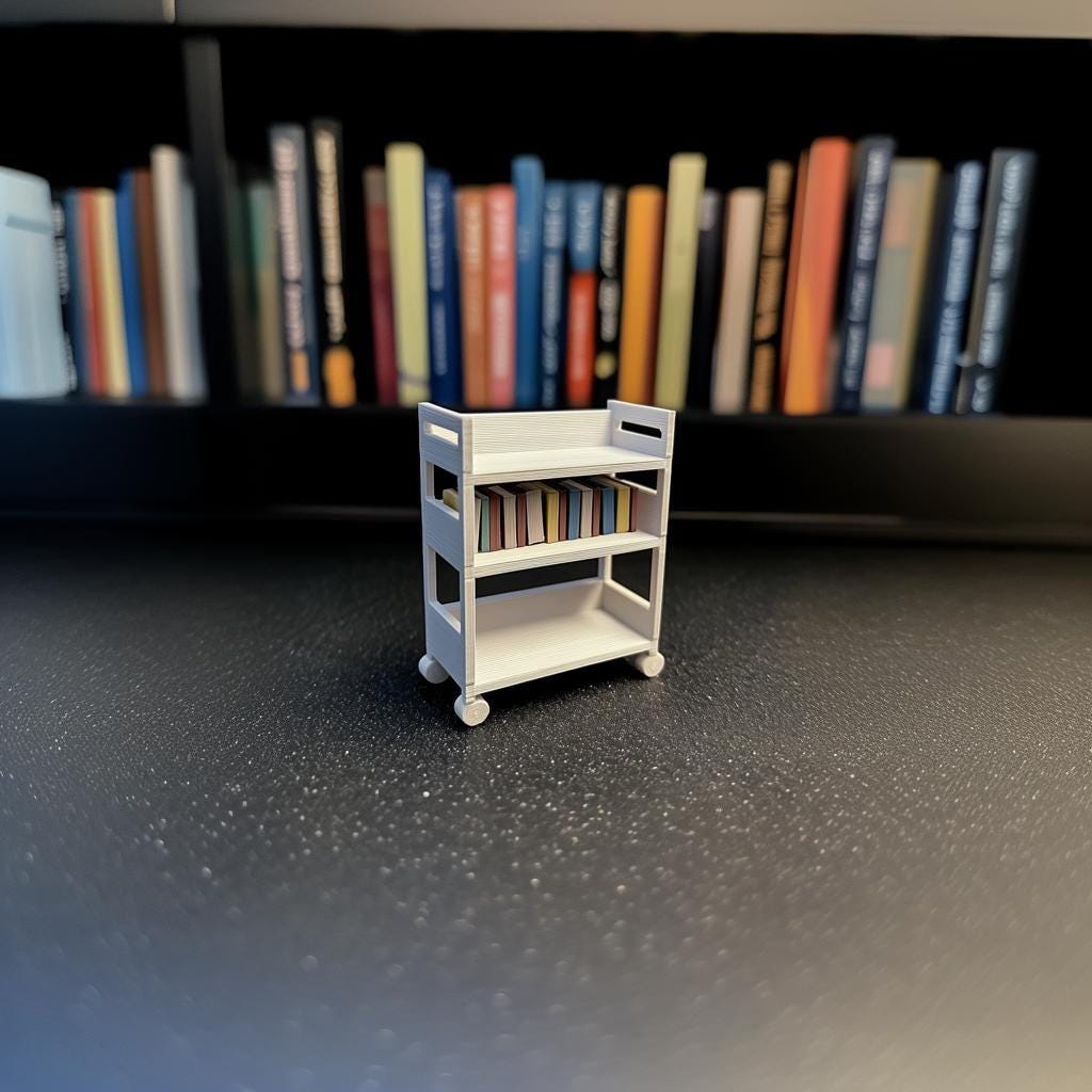Alternate product presentation of 3D Printed 1:12 Dollhouse Library Cart.