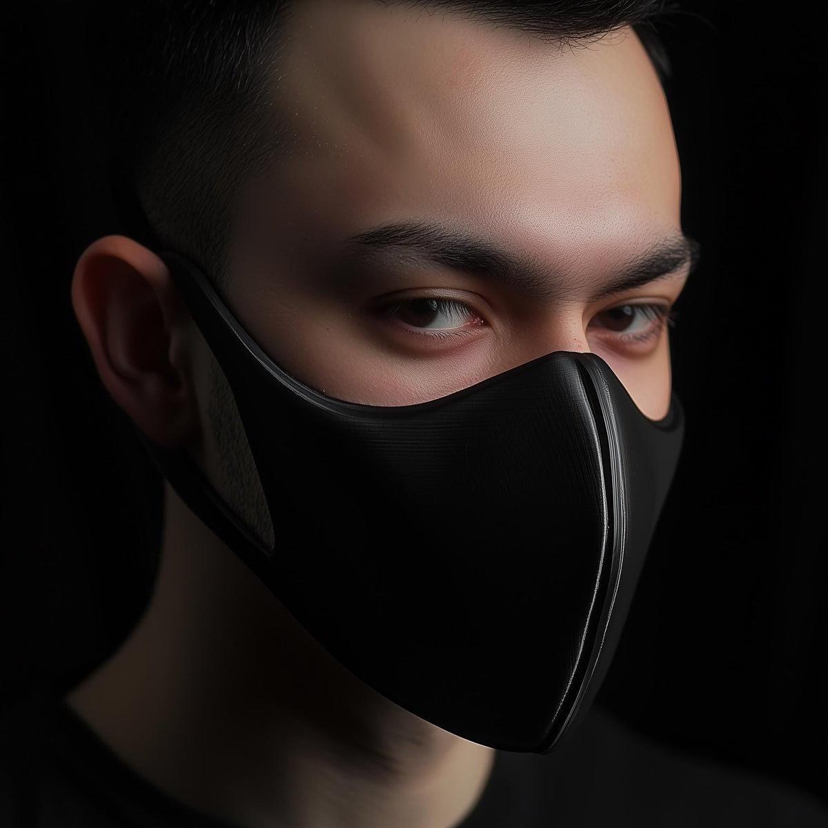 Close-up of a man wearing a sleek matte black 3D printed half-face mask with a sharp and minimalist design.
