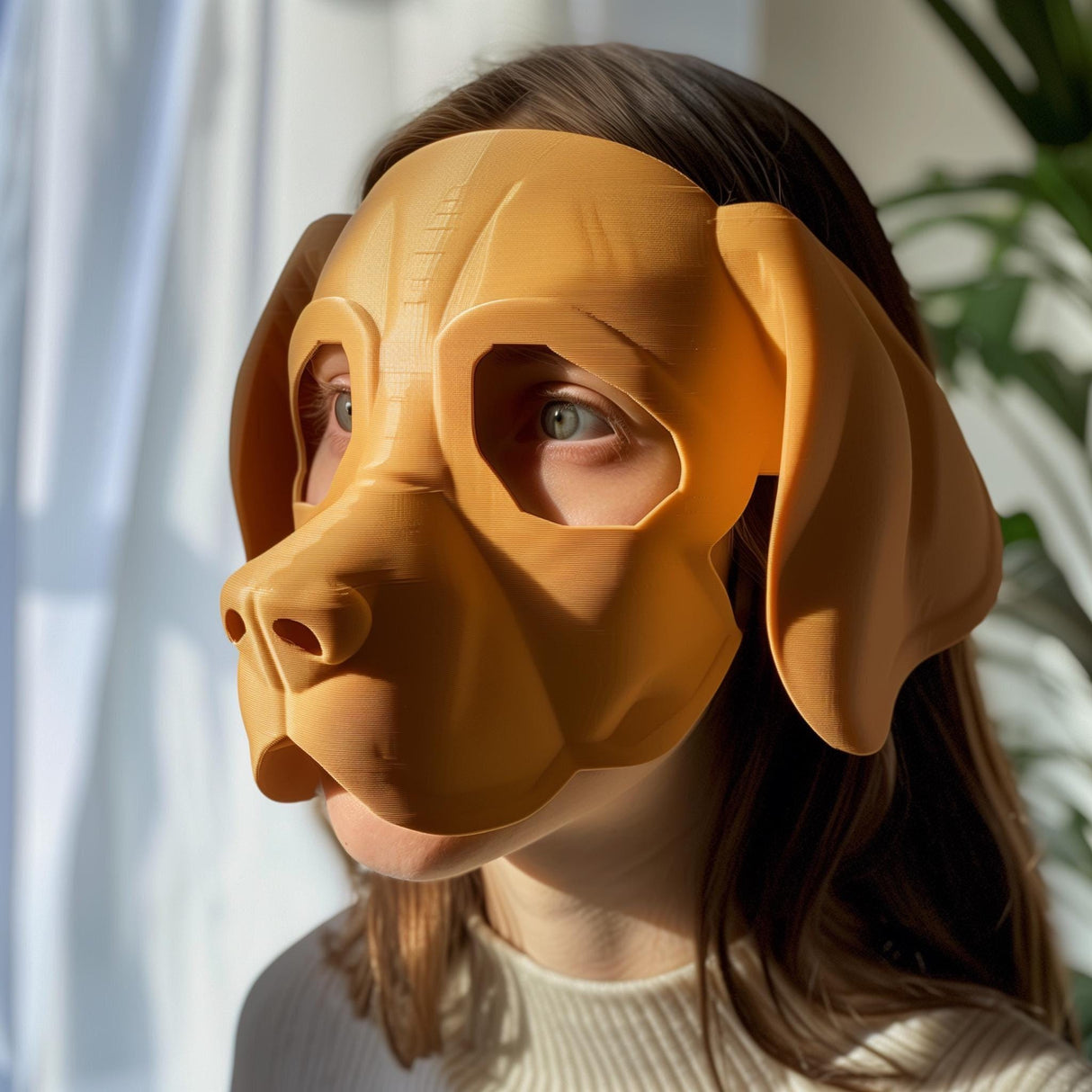 3D printed Beagle-inspired dog mask with soft minimal shape, worn by an adult model indoors.