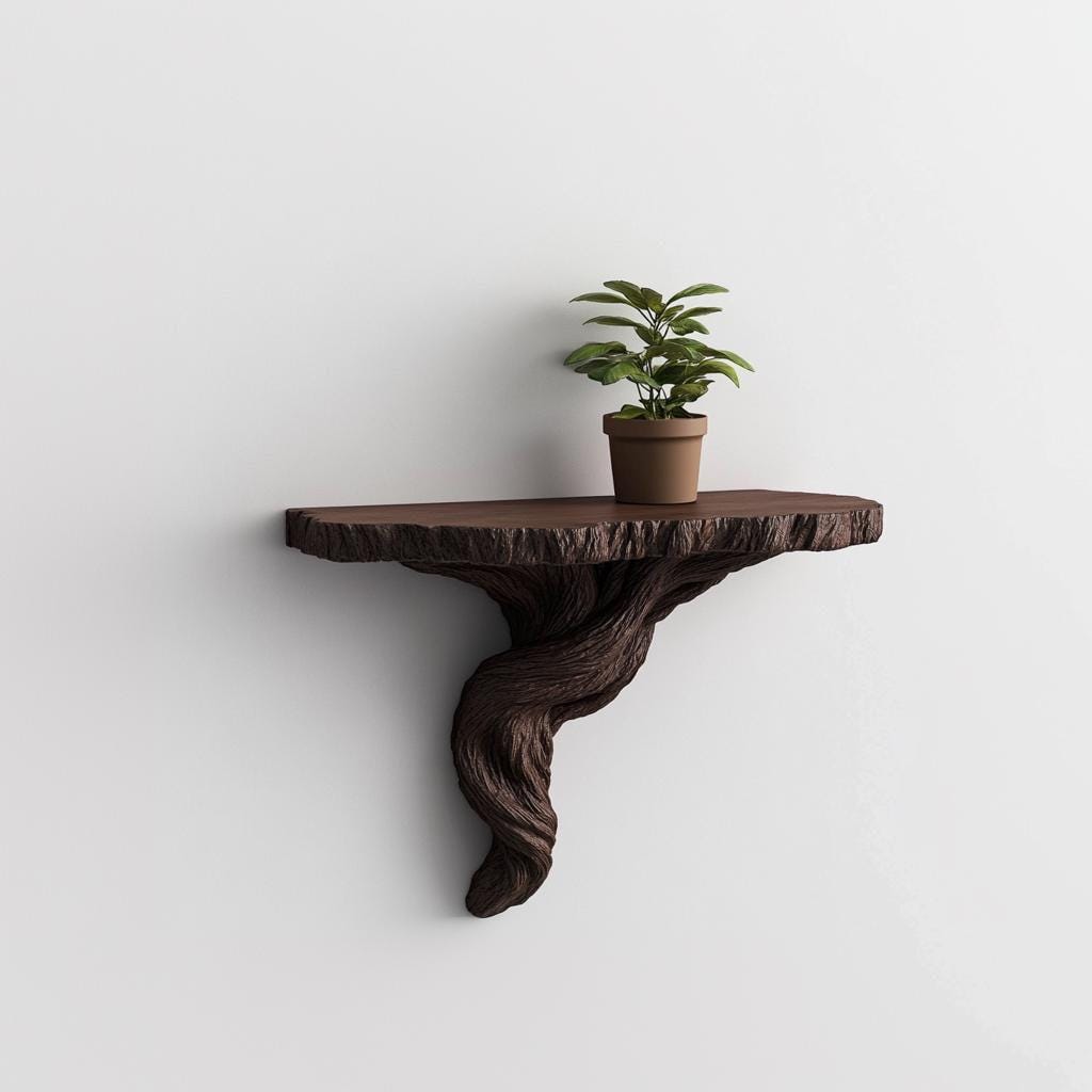 Product presentation view of 3D Printed Tree Root Wall Shelf.