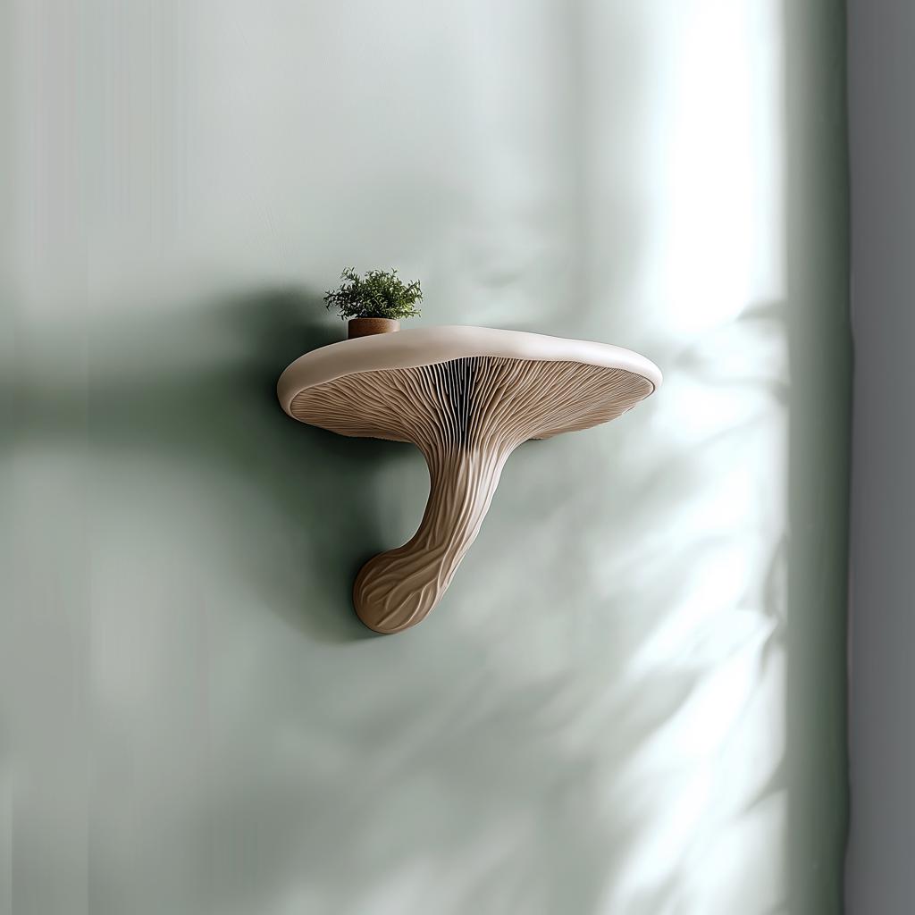 Product display view of 3D Printed Mushroom Wall Shelf.