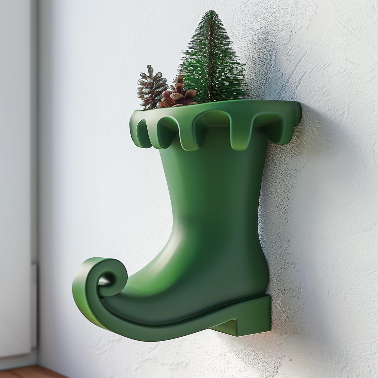 3D printed green wall-mounted vase shelf shaped like a whimsical elf boot.