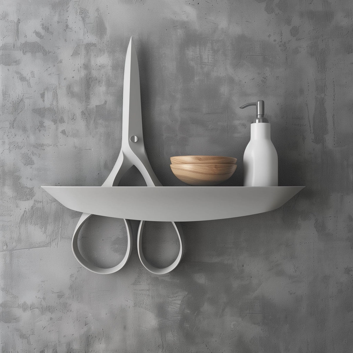 Scissors-shaped 3D printed wall shelf mounted as a small display ledge.