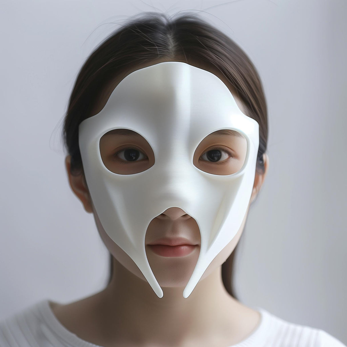 Adult person wearing a smooth white 3D printed futuristic mask with anime-style cutouts and two downward points.
