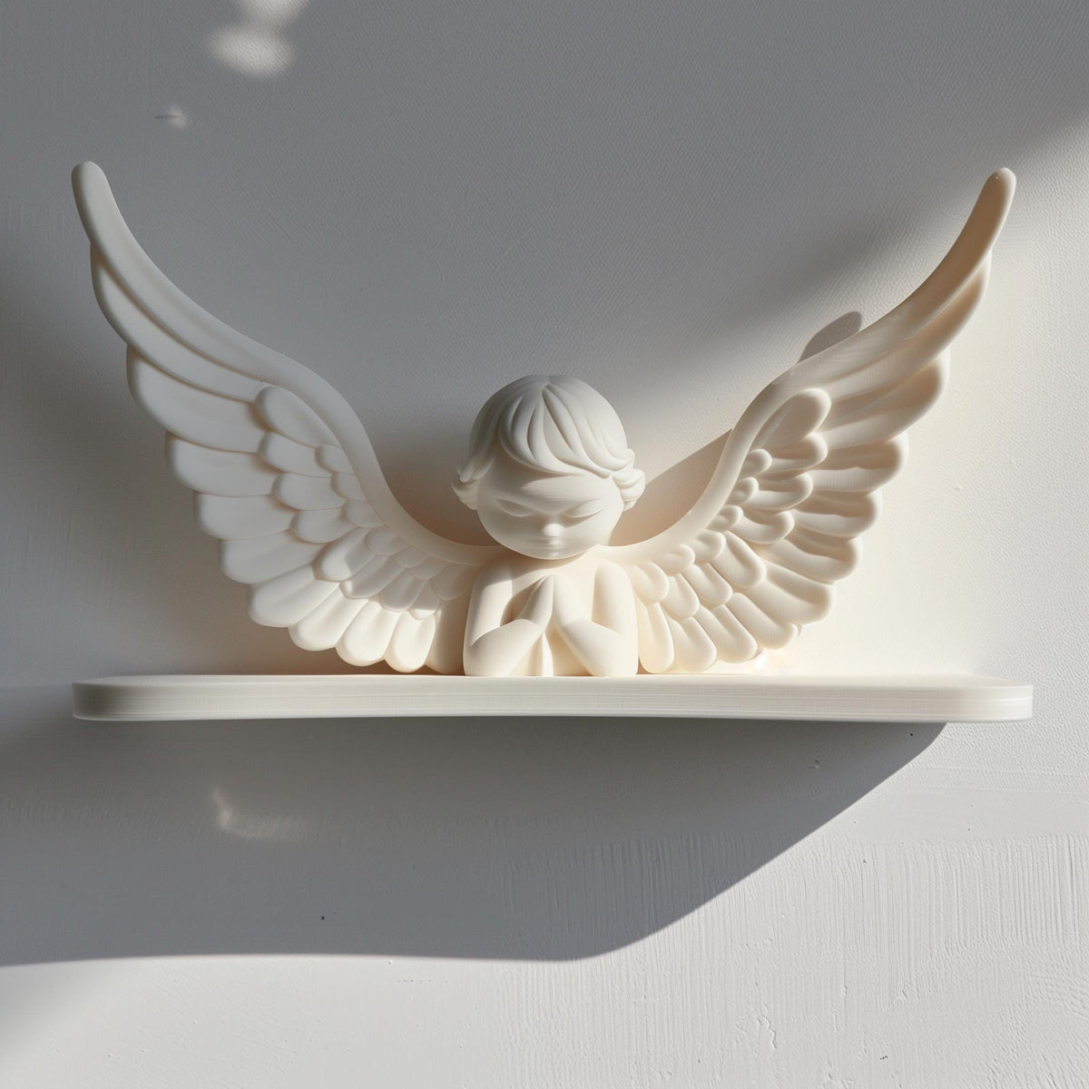 3D printed wall shelf with a minimalist praying angel figure and wide wings and matte white PLA.