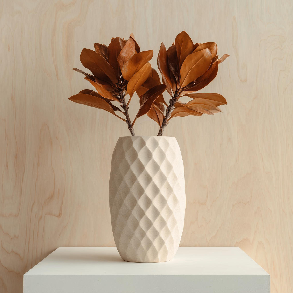 Cream-colored 3D printed vase with a diamond-patterned geometric texture.