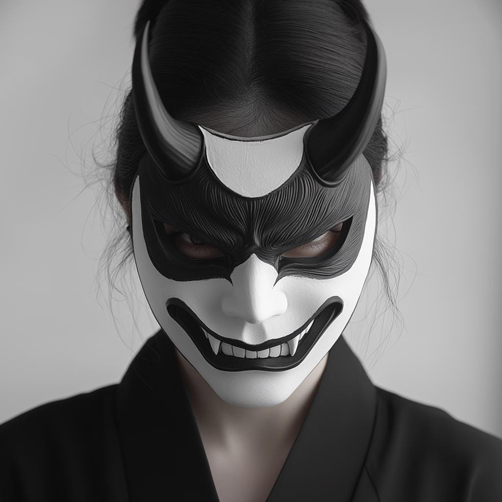 3D printed Japanese Oni samurai mask with horns, fangs and a fierce demon expression.