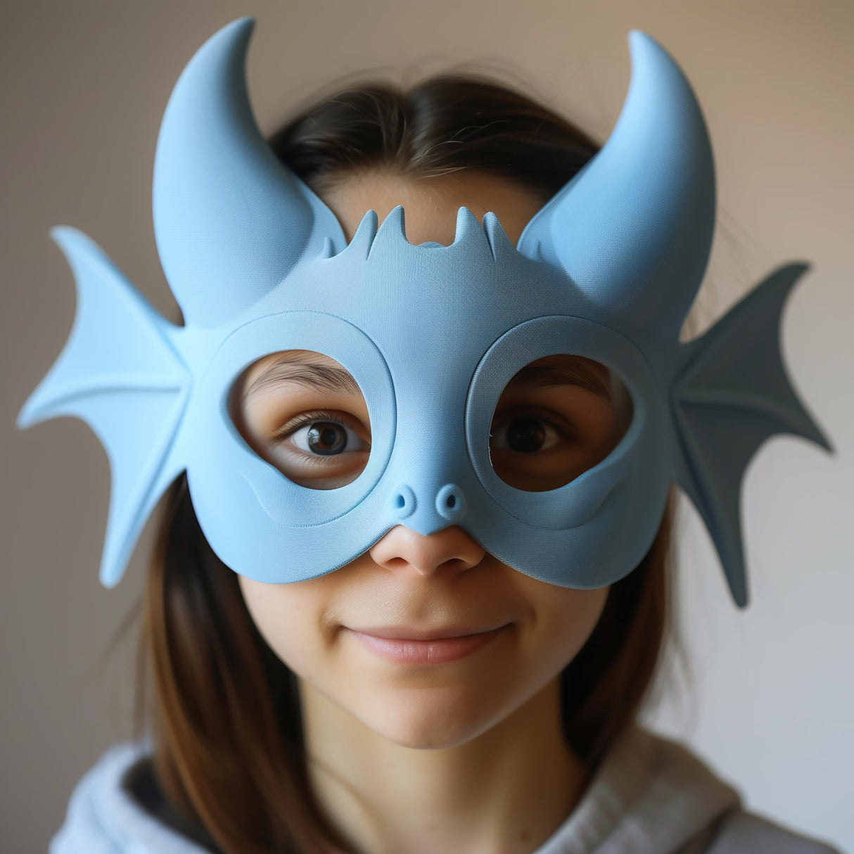 3D printed fantasy dragon mask with large curved horns and sculpted creature facial details.