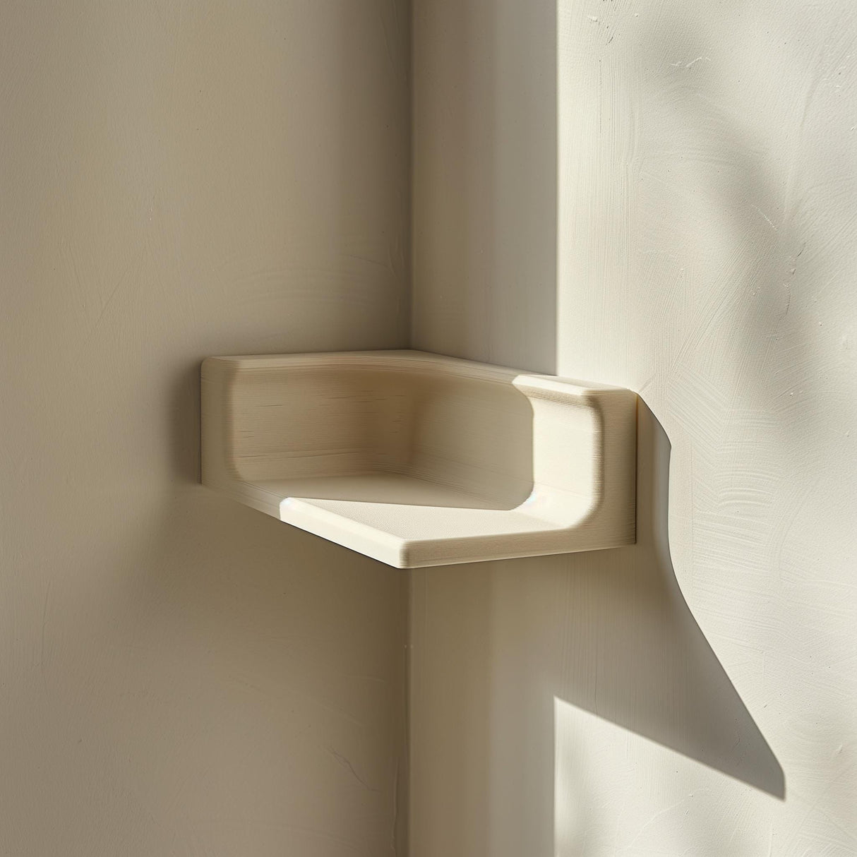 3D printed minimalist corner wall shelf made of matte PLA plastic.