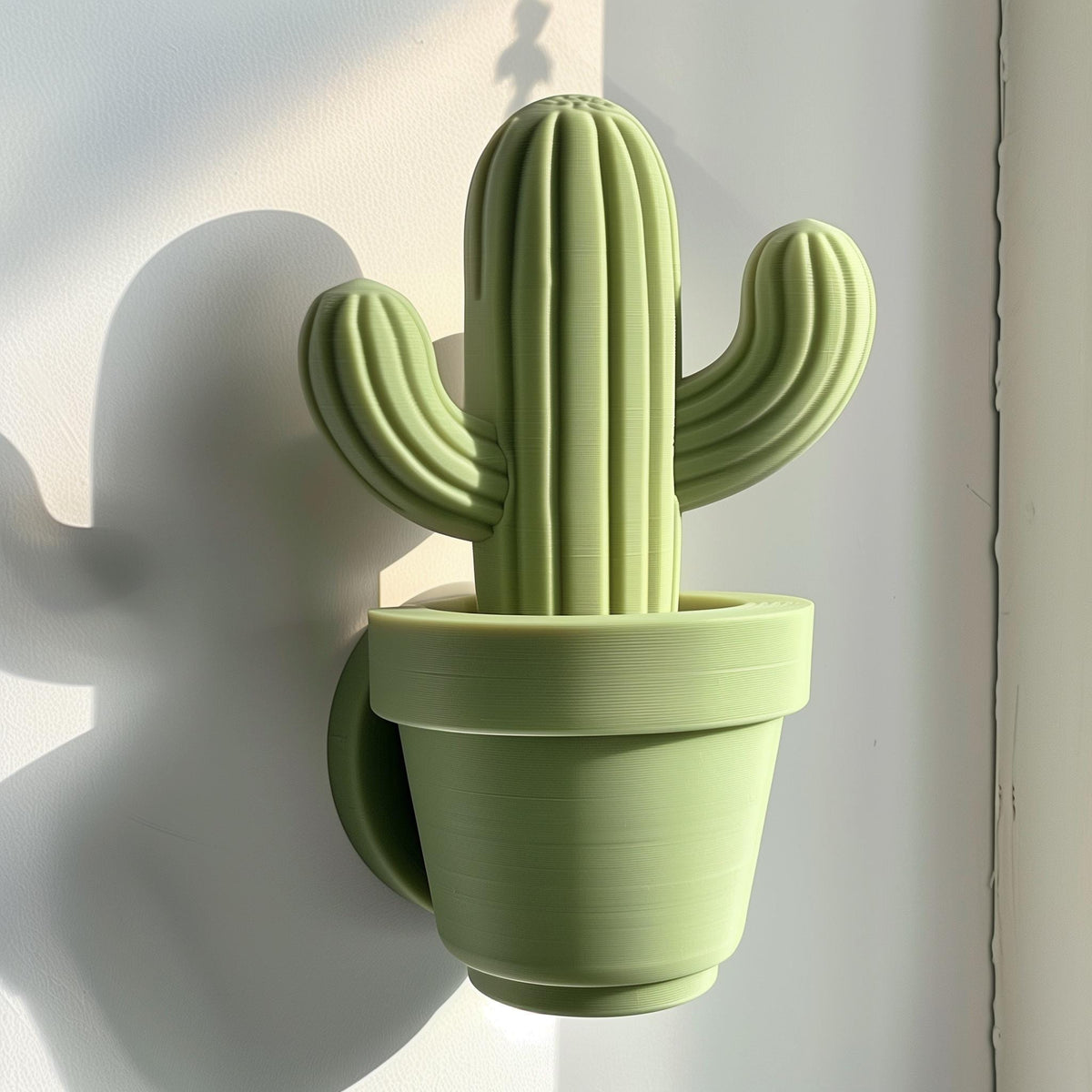 3D printed cactus-shaped wall decor made from matte PLA plastic, minimalist design inspired by nature.