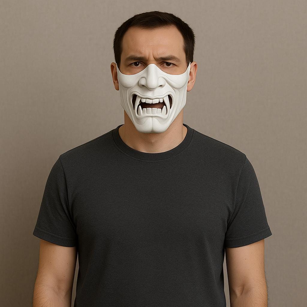 Product presentation view of 3D Printed Oni Samurai Half Face Mask.