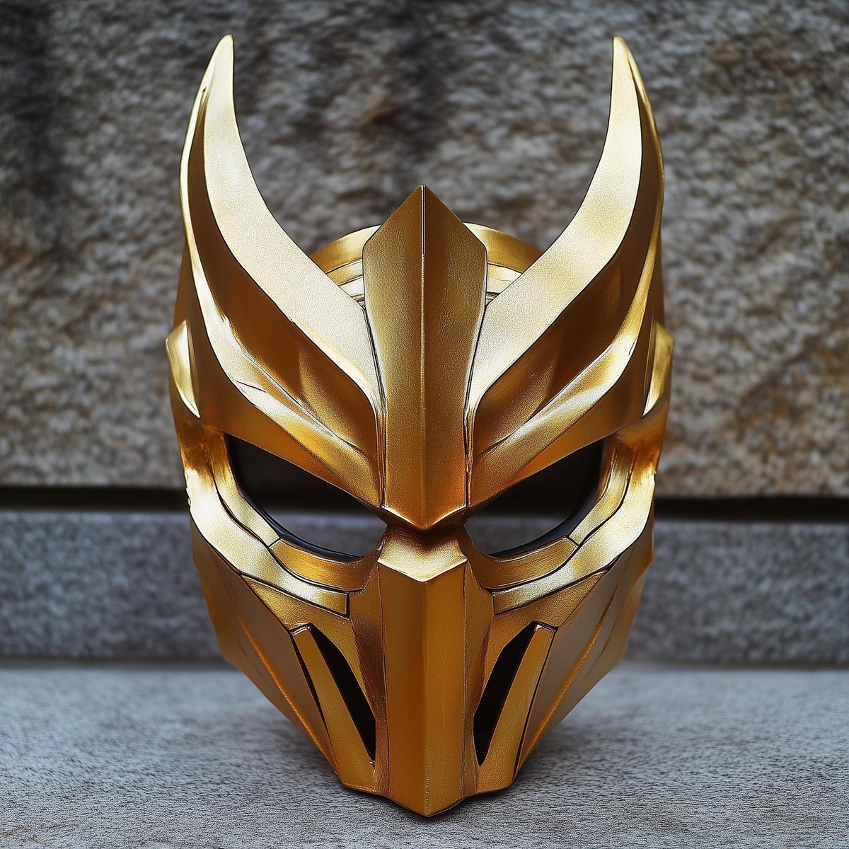 3D printed samurai demon mask with armored cheek details, horns and a fierce warrior expression.