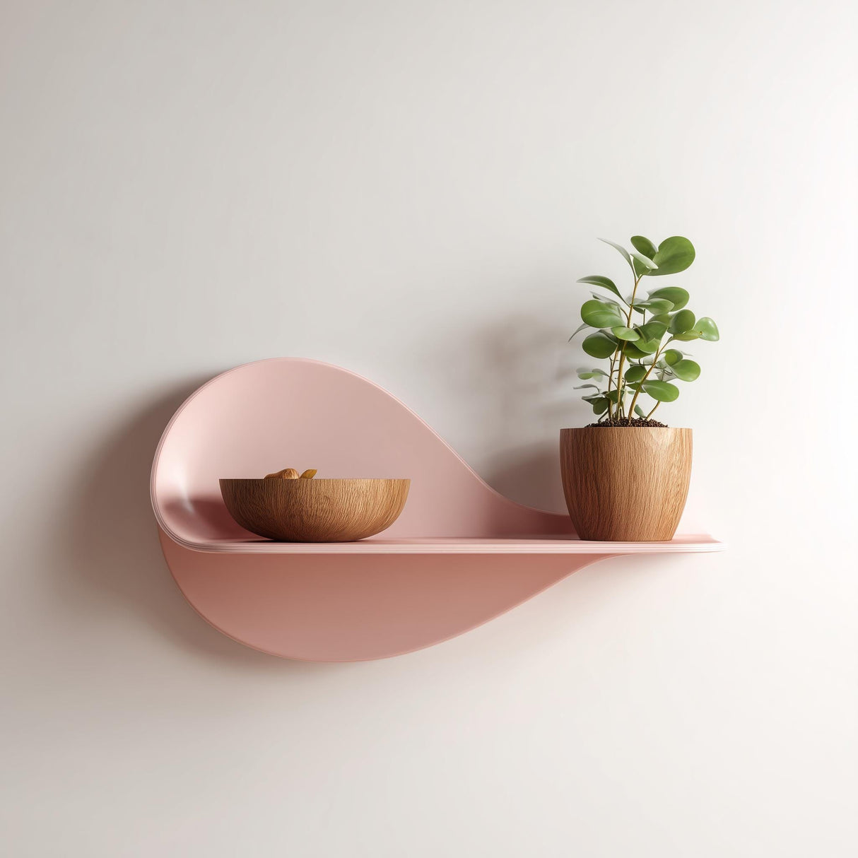 3D printed decorative wall shelf with abstract wavy shape in pastel pink.