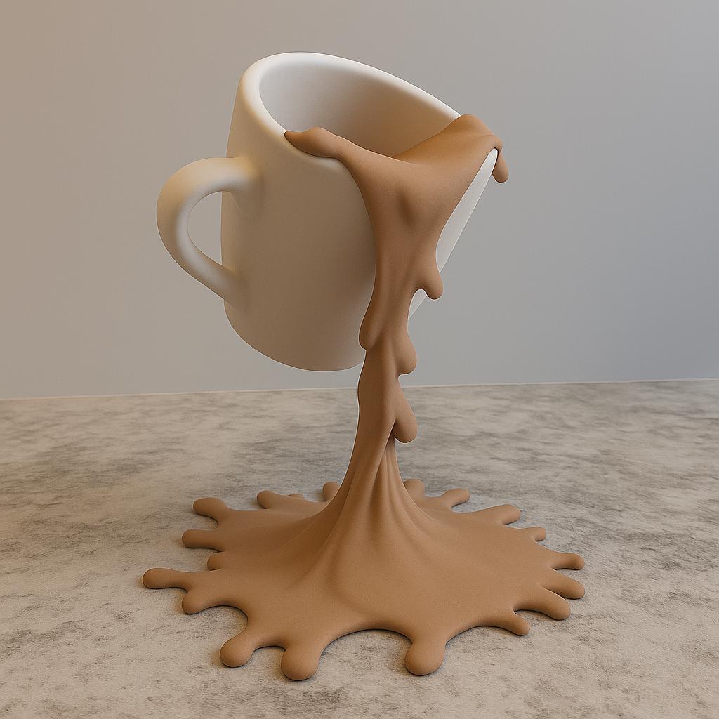 3D printed floating spilled-coffee cup sculpture with a suspended cup and splash-shaped base.