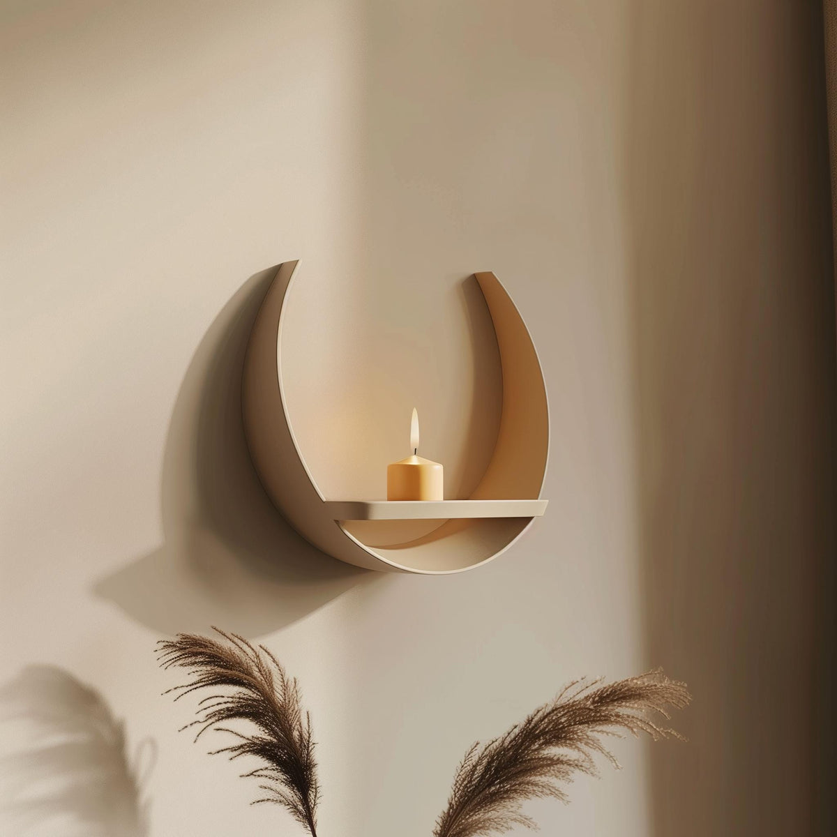 3D printed crescent moon-shaped wall shelf made of matte PLA plastic, holding a candle in natural light.