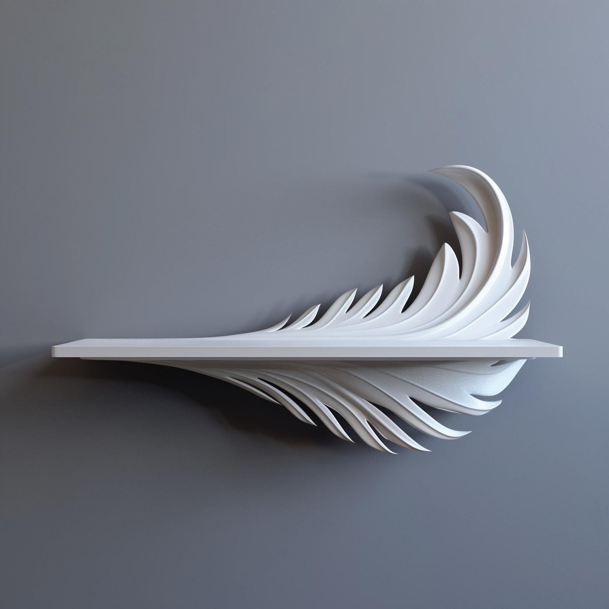3D printed white wall shelf with a sculptural feather-shaped support beneath a slim ledge.