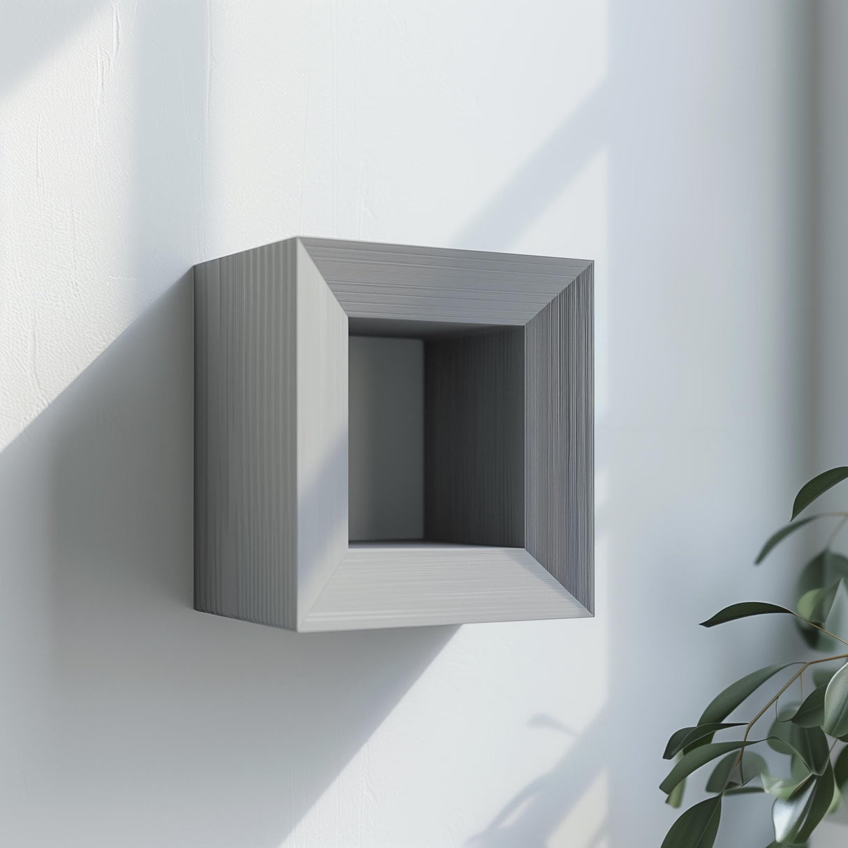Square-frame 3D printed wall shelf with a geometric ledge for small decor.