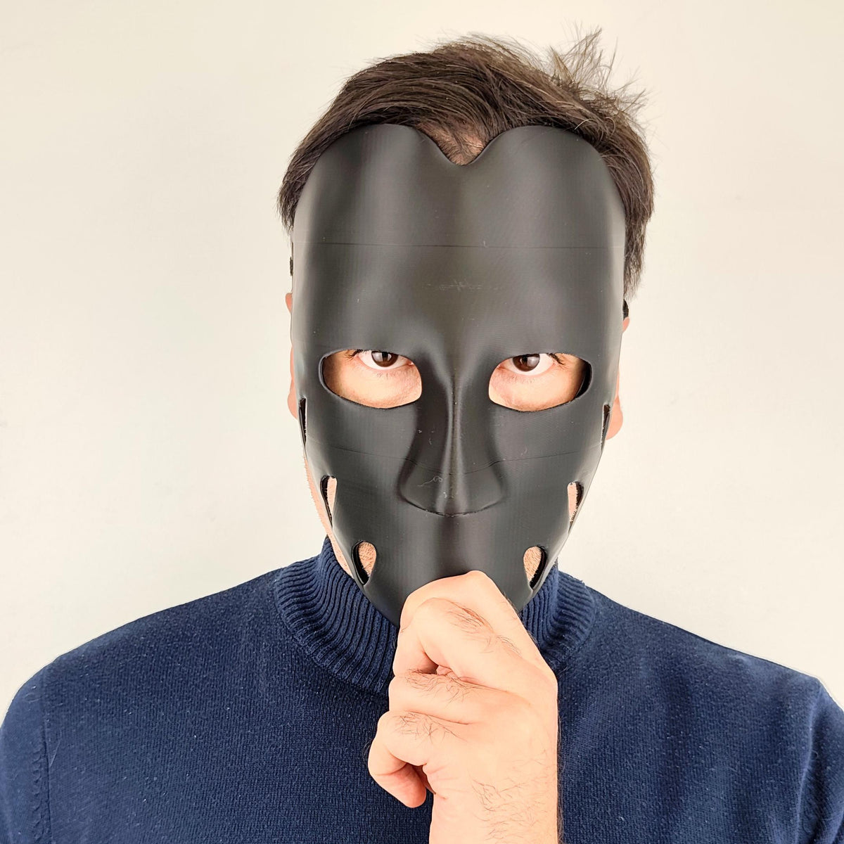 Product detail view of 3D Printed Black Horror Cosplay Mask.