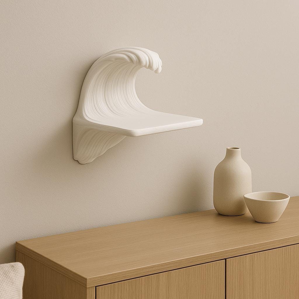 Matte white 3D printed shelf shaped like a cresting ocean wave.