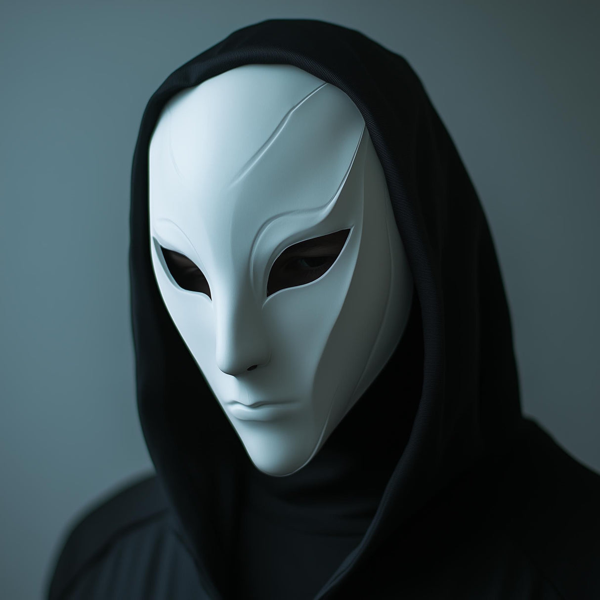 3D printed phantom assassin mask with an expressionless face and dark stealth-style detailing.