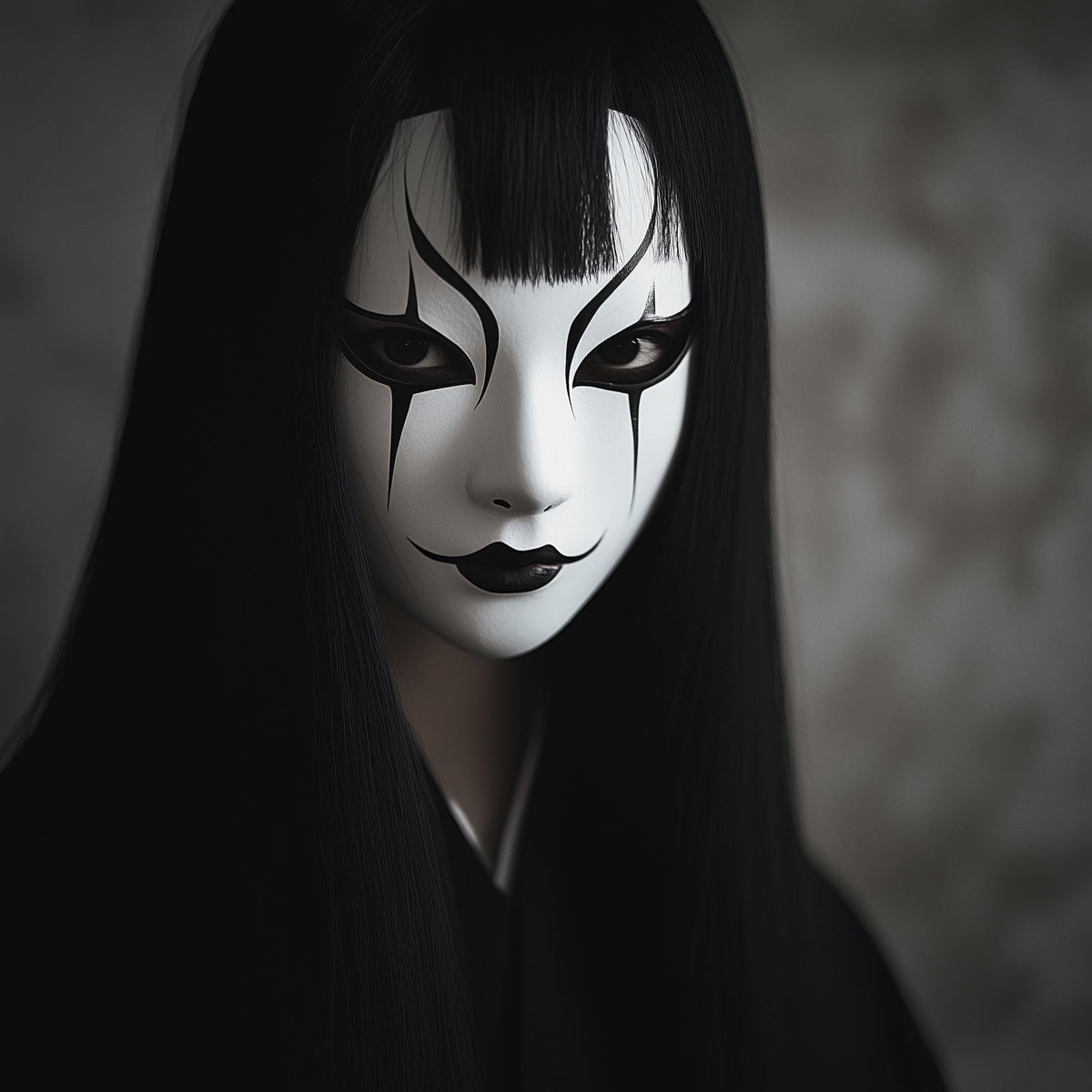 3D printed Japanese Onryo ghost mask with a pale expression and narrow eye openings.
