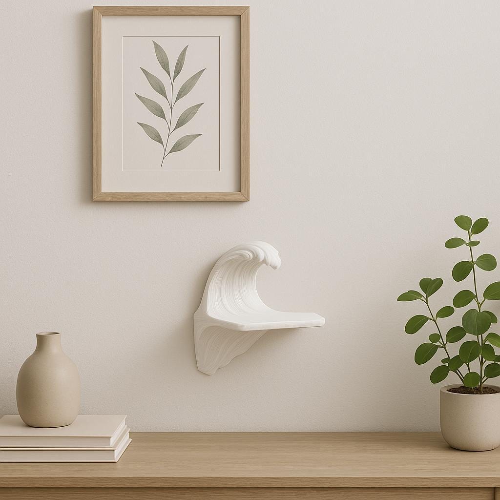 Product detail view of 3D Printed Wave Floating Wall Shelf.