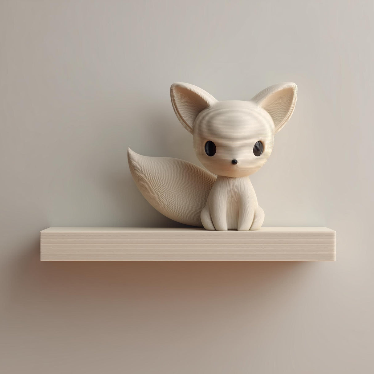 3D printed wall shelf with a small fox character sitting on a slim rectangular ledge.