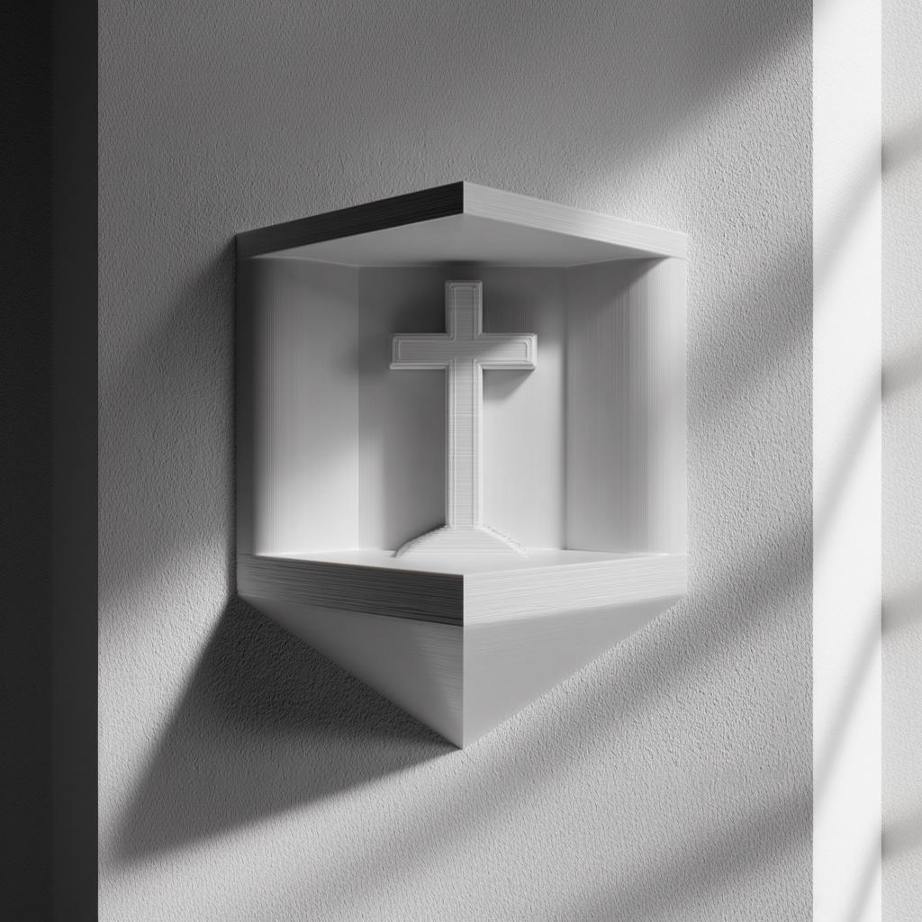 Product gallery view of 3D Printed Cross Prayer Niche Wall Shelf.