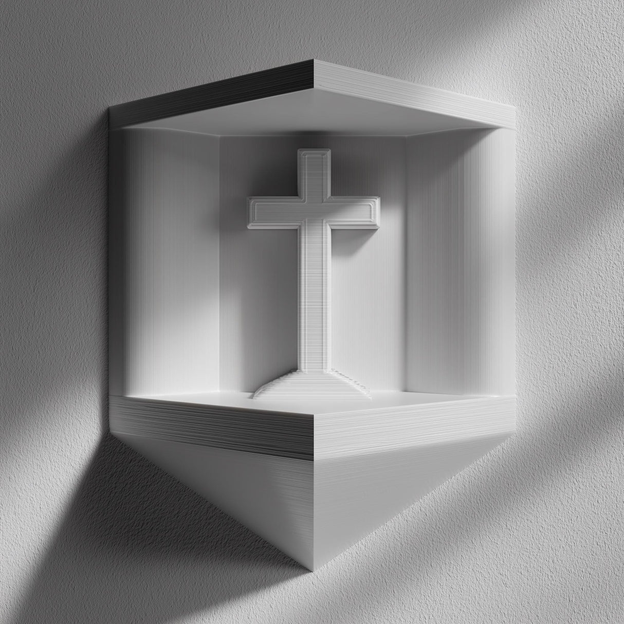 3D printed matte PLA corner wall niche with an integrated cross standing inside a small geometric shelf.