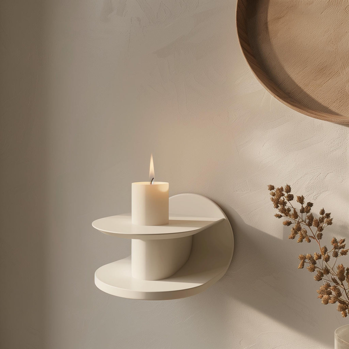 3D printed modern wall shelf in matte cream color, featuring a sculptural circular design with a candle displayed on top.