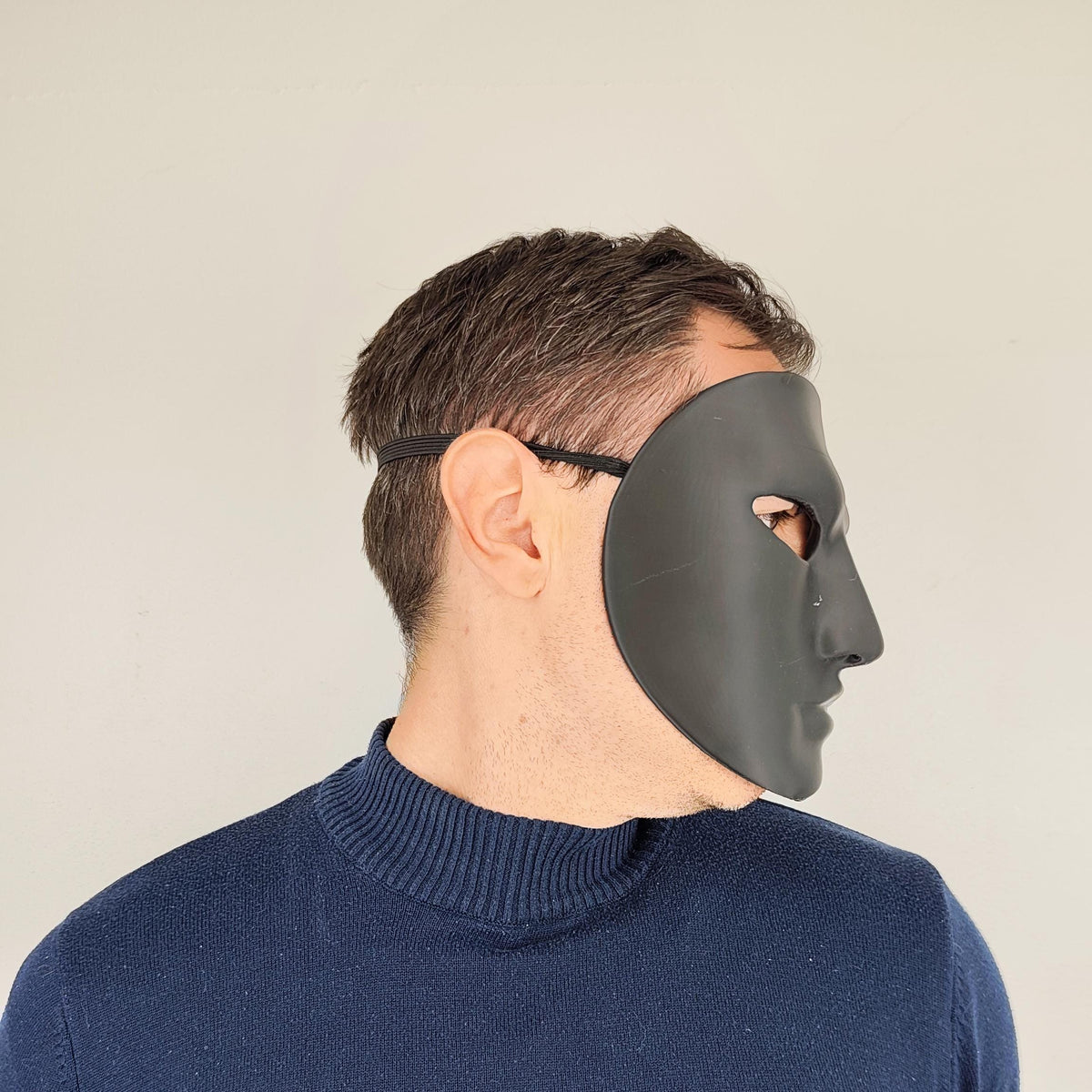 Product detail view of 3D Printed Black Full Face Cosplay Mask.