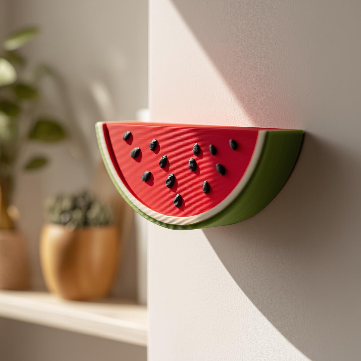 3D printed wall shelf shaped like a bright watermelon slice with seeds and rind.